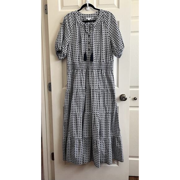 CHICO'S Navy White Cotton Poplin Basket Weave Tiered Maxi Dress Sz 3 US 16 - Picture 2 of 14